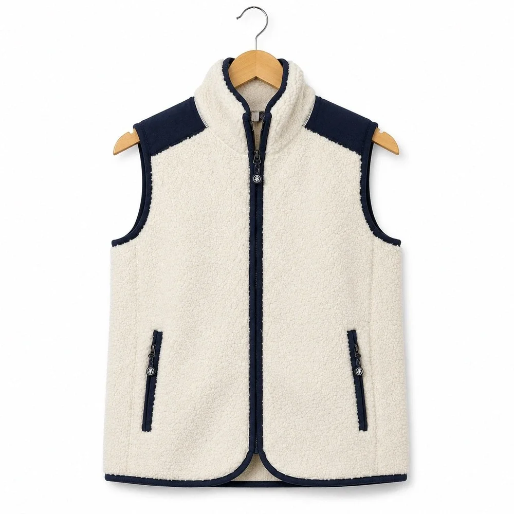 Brooks Brothers Mens Sherpa Fleece Vest Cream Navy Blue Full Zip Size Medium